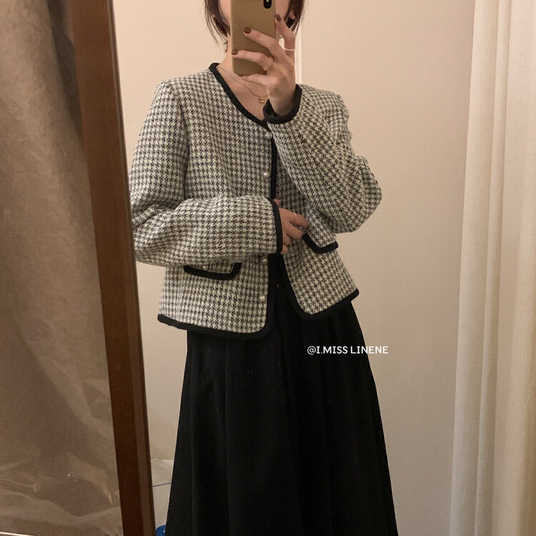 [IMISS] Korean version of the contrast color houndstooth small fragrance coat short coat QK7126