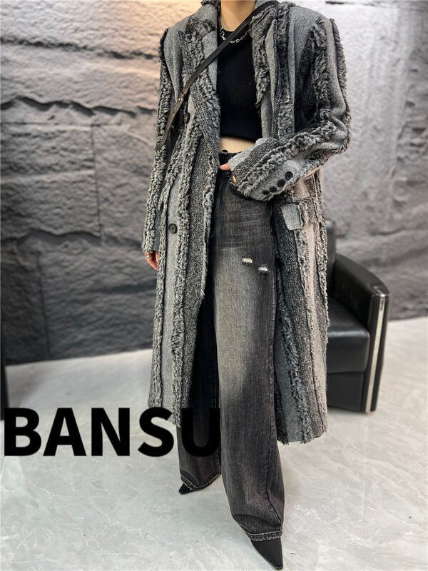 [Semi-plain] Vertical strip design long double-breasted woolen coat (without inner build) A870# ZJY
