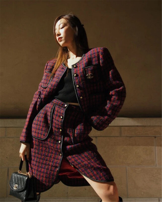 【TAN】Xiaoxiangfeng contrast color houndstooth high waist skirt (without short coat) AA2390-1# JJ