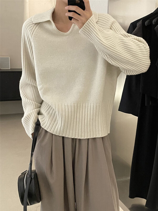 9 colors are available.  【CLEAN SPACE】Korean Solid Color Lapel Raglan Polo Collar Warm Sweater (100 Wool) 33269# CQW