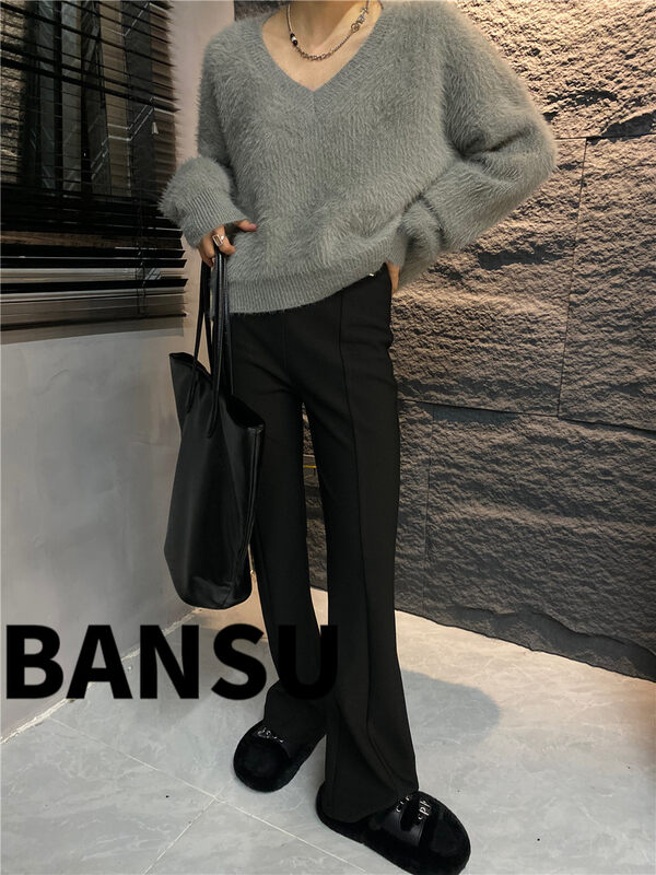 [Semi-plain] V-neck Lazy Wind Loose Warm Sweater 8921# ZJY