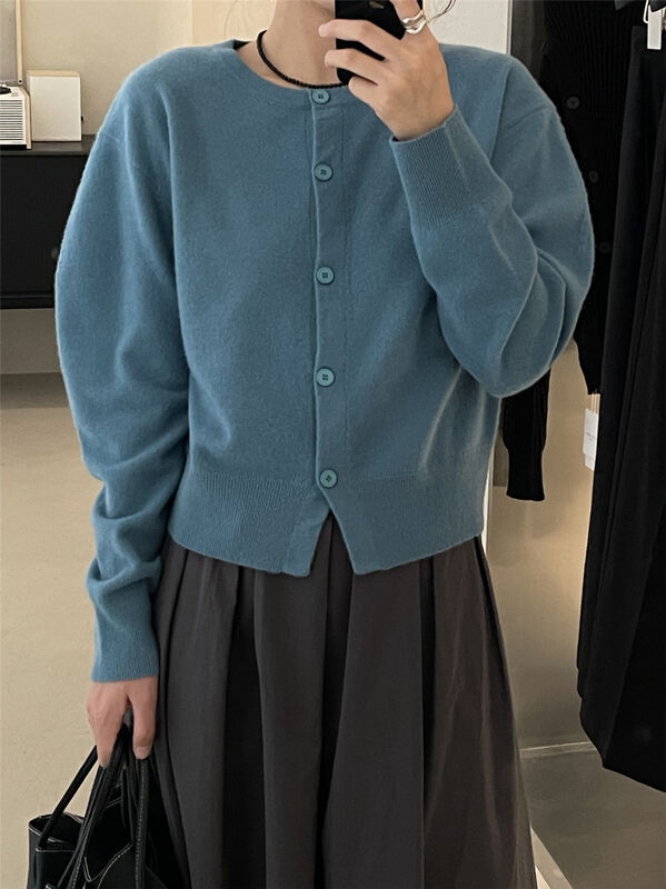 100 Wool【CLEAN SPACE】Solid Color Versatile Round Neck Leg of Lamb Sleeves Wool Knit Cardigan 33170# CQW