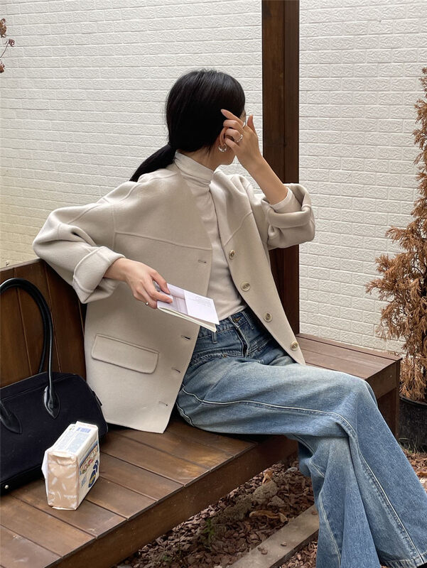 【CLEAN SPACE】Korean style loose V-neck double-sided woolen short coat (100 wool) 32550# CQW