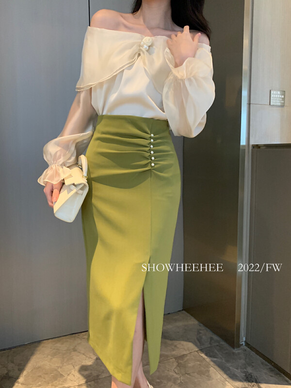 New in early autumn! [Xiu Xixi] Temperament, light and mature, heavy work, beading, pleated hem, slits and hip skirt 19532# JHY