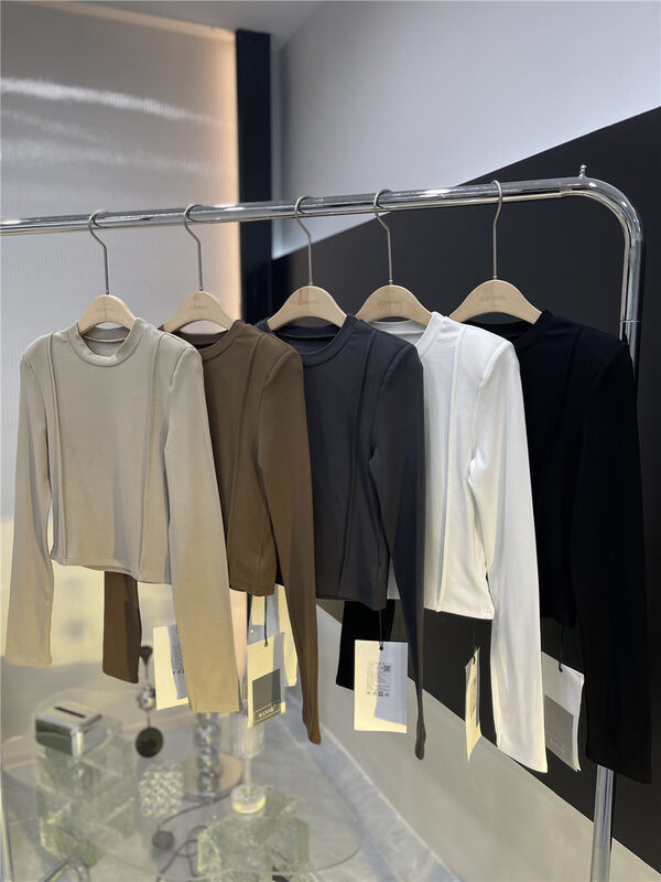 [Half plain] round neck Korean style simple personality slim long-sleeved T-shirt G330# ZJY