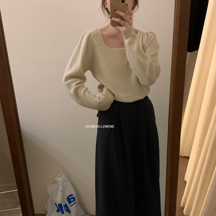 【IMISS】French square neck puff sleeve knitted sweater QK0307# FHX