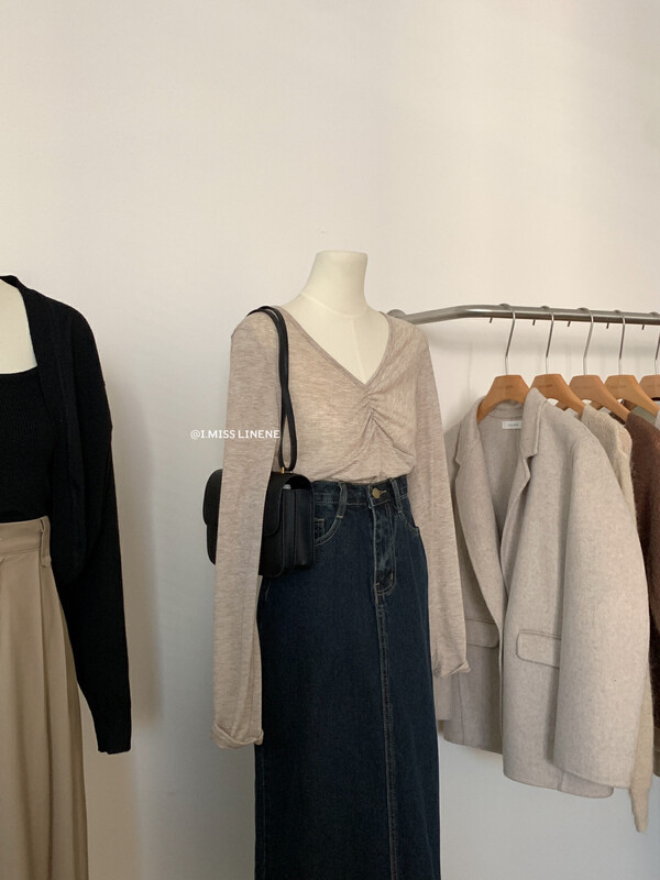 【IMISS】Multicolor all-match slim v-neck pleated t-shirt long-sleeved T-shirt QK3506# FHX