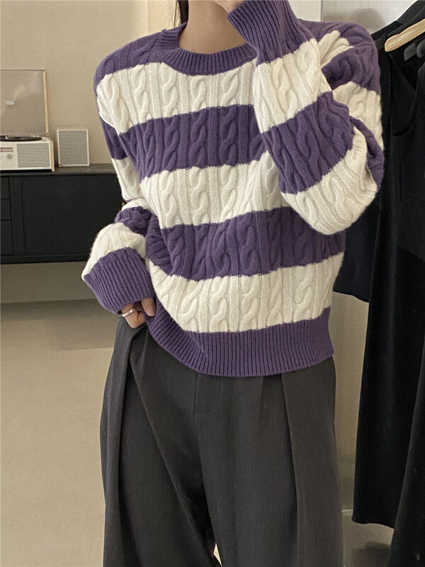 New in winter! [CLEAN SPACE] Korean round neck striped contrasting color warm sweater (100 wool) 33097# CQW