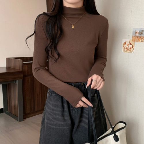 Real shot with ammonia double-sided German velvet  design sense bottoming shirt women's semi-high collar warm long-sleeved T-shirt solid color top