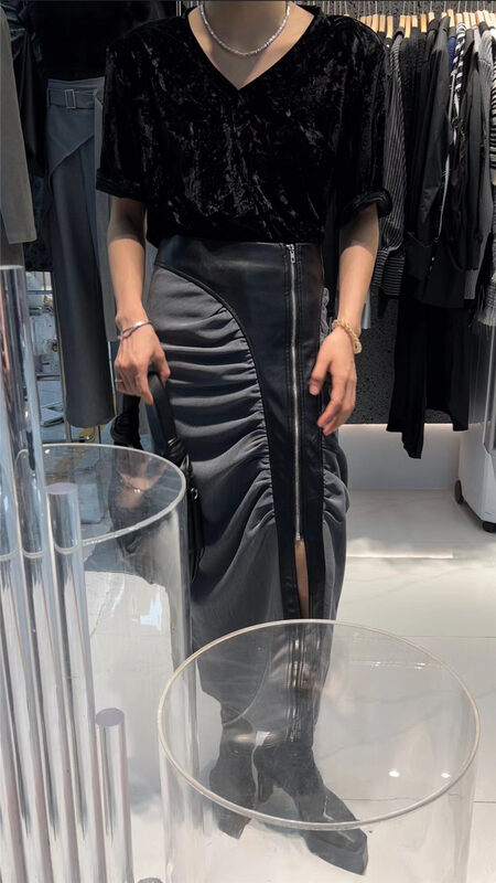 New in autumn! [Semi-plain] zipper stitching design pleated skirt U5117# ZJY