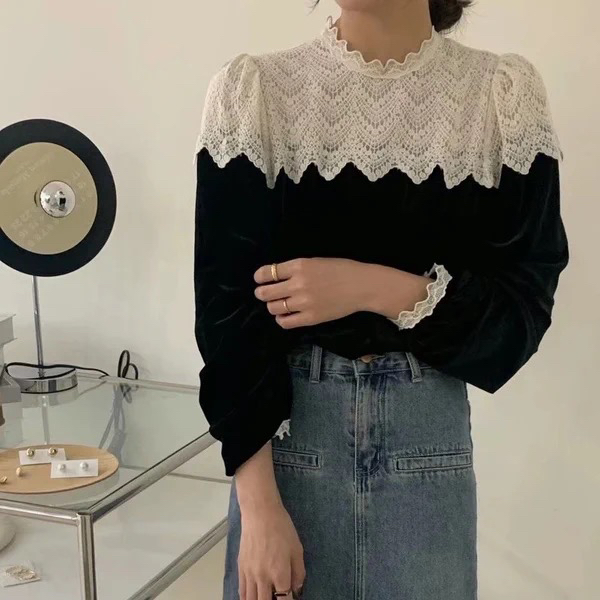 New autumn models!【KIKI STUDIO】Fashion color matching casual lace shirt 6870# HJY