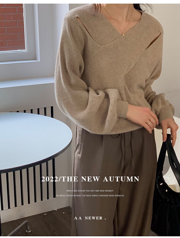 【THE MIND】Wool V-Neck Cross Hollow Design Thermal Sweater 71360# JHY