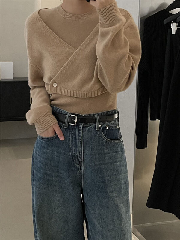 [CLEAN SPACE] Solid color texture one button short knitted cardigan without vest 33025