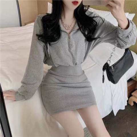 Hooded sweater wrap hip skirt  autumn new style waist and thin bottoming all-match Korean dress