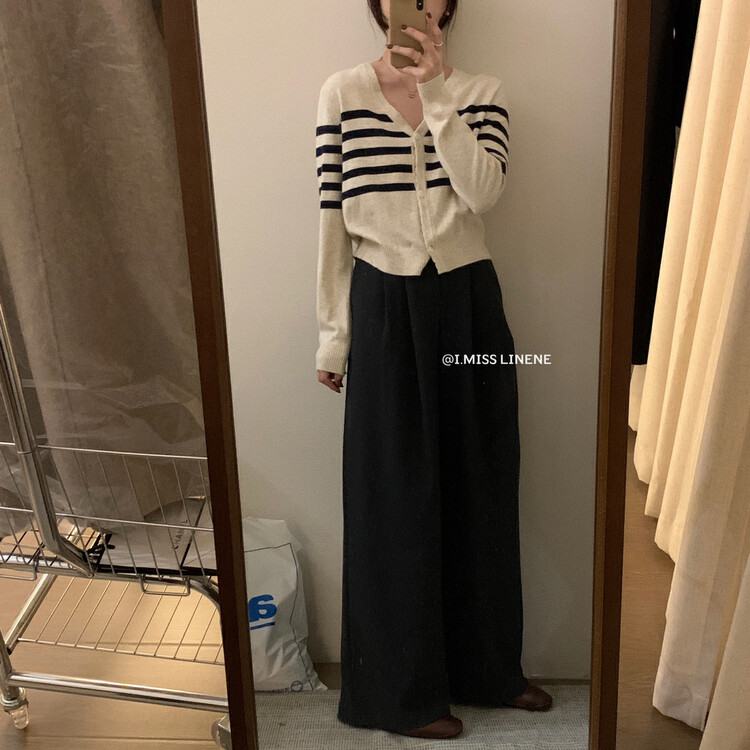 [IMISS] Korean version of simple and versatile v-neck striped knitted cardigan knitted cardigan QK0309
