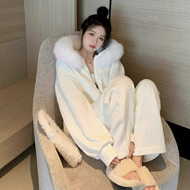 【KIKI STUDIO】All-match short coat + comfortable casual pants two-piece suit (with detachable faux fur collar) 6883# HJY