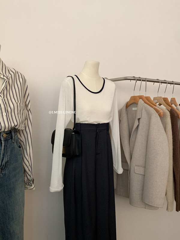 [IMISS] Korean simple contrast color t-shirt long-sleeved T-shirt QK3509