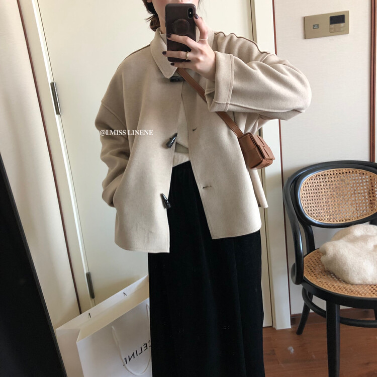 [IMISS] Korean age-reducing lapel horn buckle woolen coat short coat QK3133