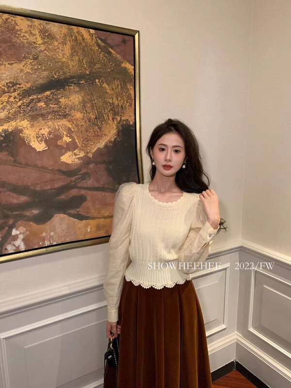 New in autumn! [Xiu Xixi] French retro double mesh sleeve shirt 9203# JHY