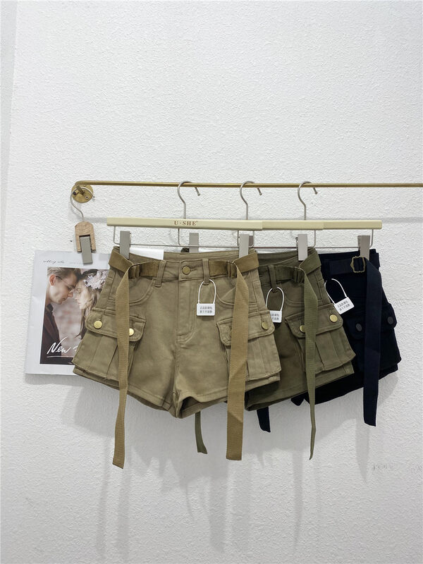 【U.SHE】Casual all-match loose denim shorts (with belt) 81223# JJ