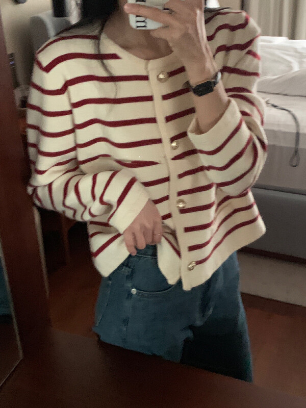 New in autumn!【RS】Round-neck striped single-breasted knitted cardigan M2330# FHX