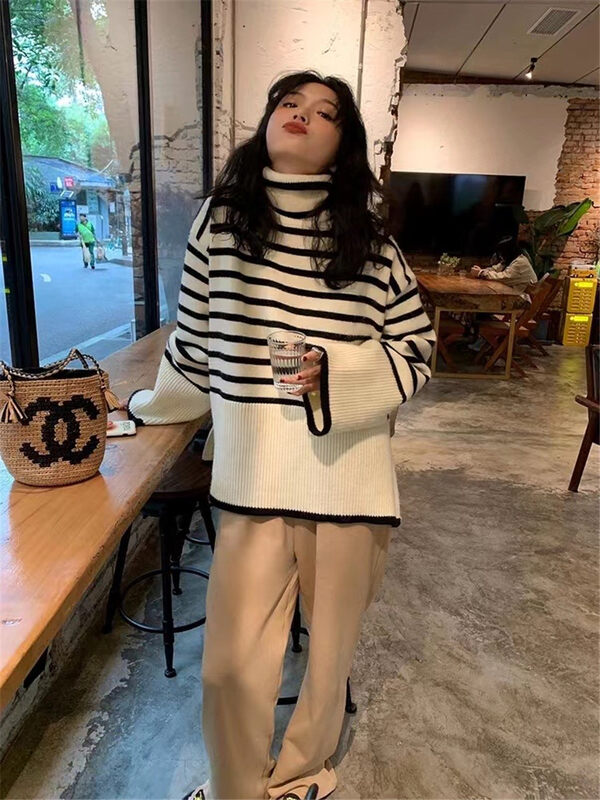 [Semi-plain] high-neck striped loose warm sweater 8926# ZJY