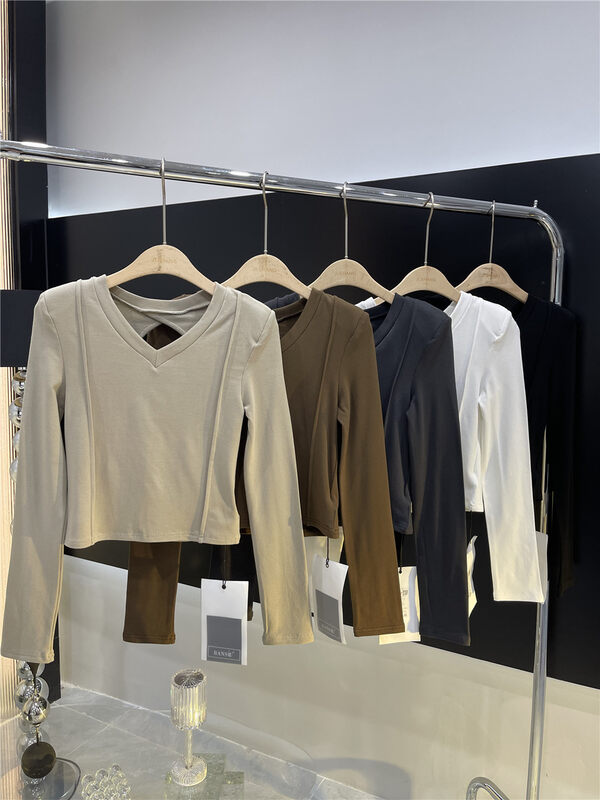 [Semi-plain] V-neck simple casual retro long-sleeved T-shirt G333# ZJY