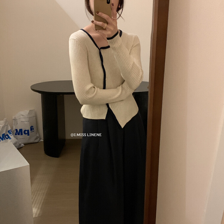 【IMISS】French Contrast Color Irregular Knit Top Knit Sweater QK0279