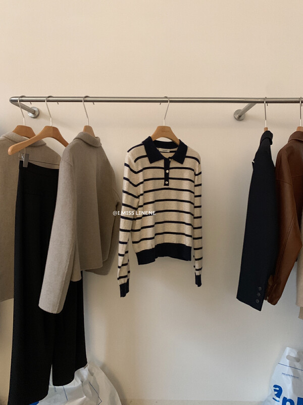 [IMISS] Korean Lazy Contrast Color Polo Cashmere Striped Sweater Knit Sweater with 20 Wool QK0319