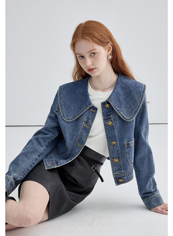 New in winter!【KIKI STUDIO】Korean version large lapel solid color denim jacket 6950# HJY