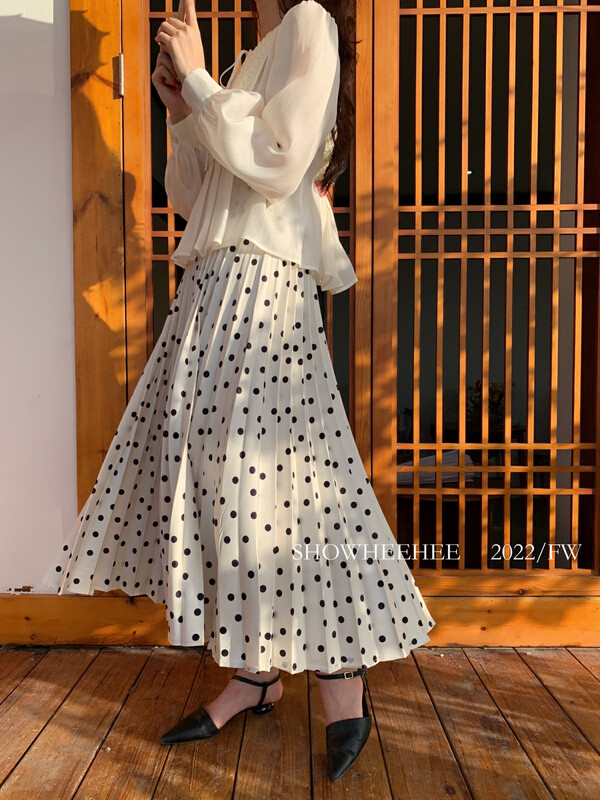 New in early autumn! [Xiu Xixi] French elegant polka-dot pleated A-line all-match elastic waist skirt 19525# JHY