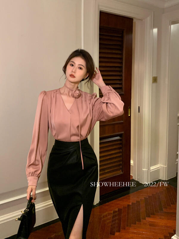 Autumn models are new! [Xiu Xixi] Temperament light luxury elegant commuter all-match shirt (with rose ribbon) 9287# JHY