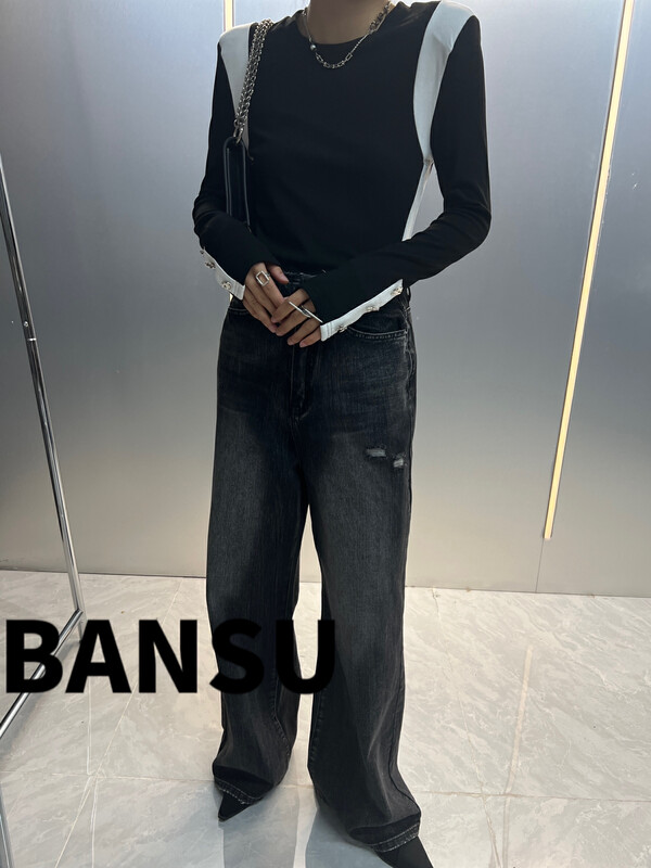 [Half plain] round neck contrast color casual retro long-sleeved T-shirt G337# ZJY