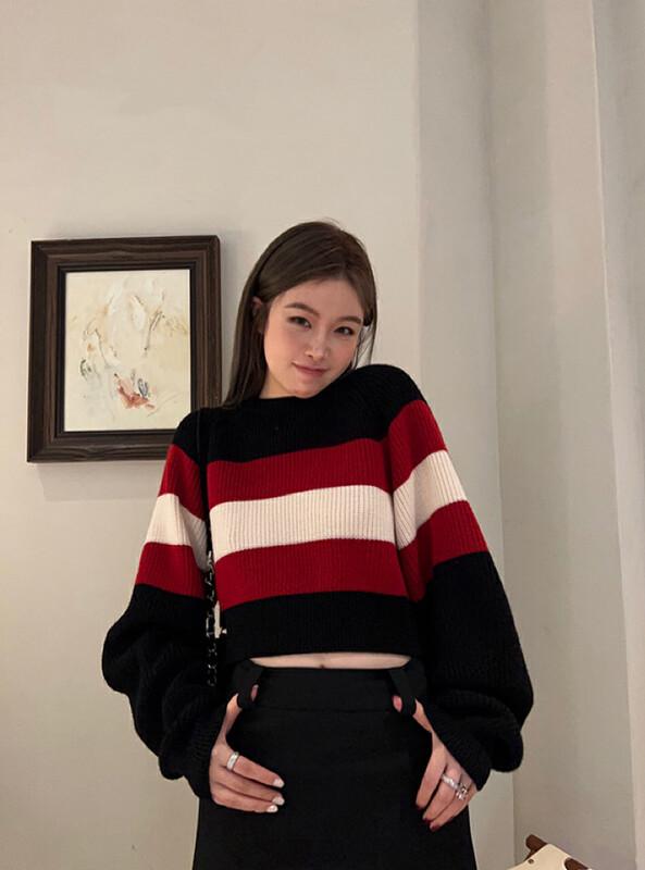 【KIKI STUDIO】Round Neck Colorblock Casual Knit Sweater 6978# HJY