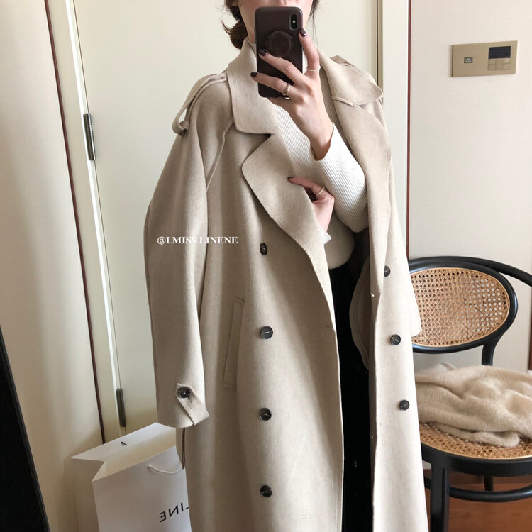 [IMISS] High-quality double-breasted double-sided woolen coat coat (with waist rope) QK3082