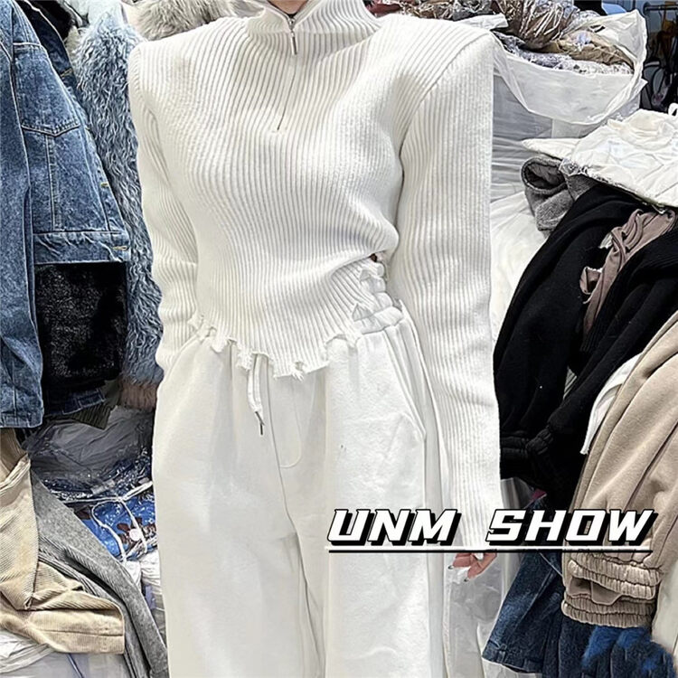 New in autumn!【UNM-SHOW】Stand-up collar zipper loose raw edge knitted sweater 6683# WTT