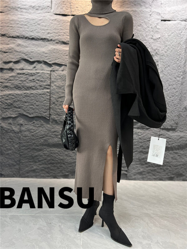 [Semi-plain] turtleneck long slit knitted dress L1110# ZJY