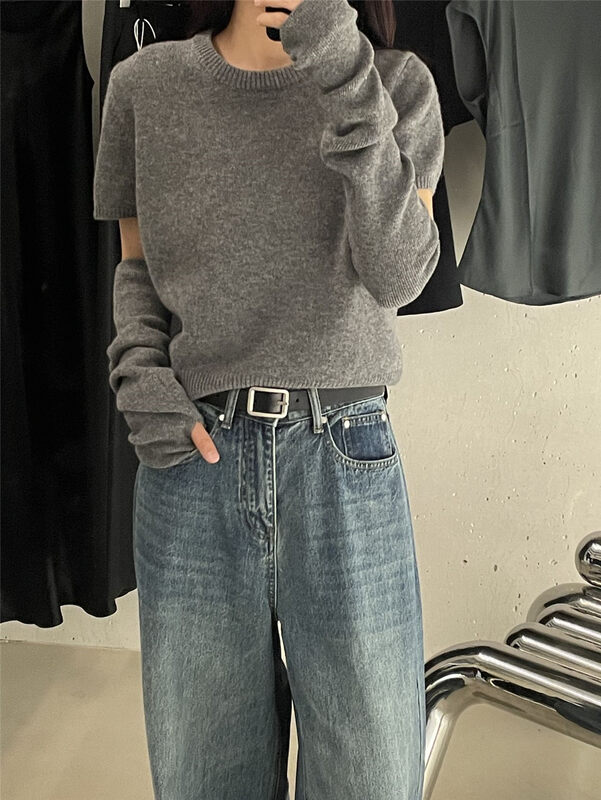 Autumn is new! [CLEAN SPACE] Simple solid color slim short short-sleeved knitted sweater (with detachable sleeves) 33211# CQW