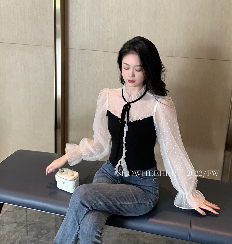 New in autumn! [Xiu Xixi] French retro high-end stitching lace shirt 9301# JHY