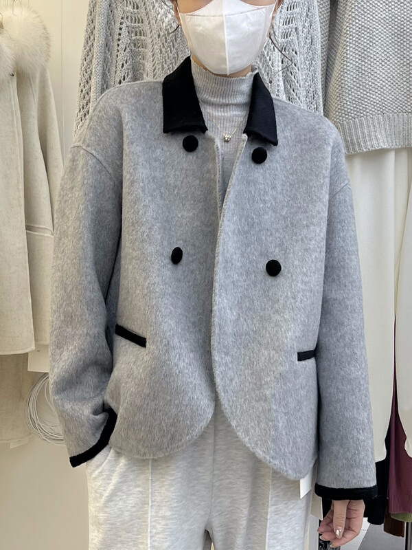 【RIN】Korean temperament short style contrast color shirt collar double-sided wool coat RB2007