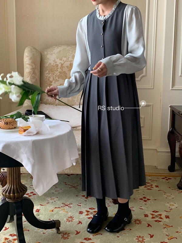 New in autumn! [RS] stitching fake two-piece pleated slim dress KL1008# FHX