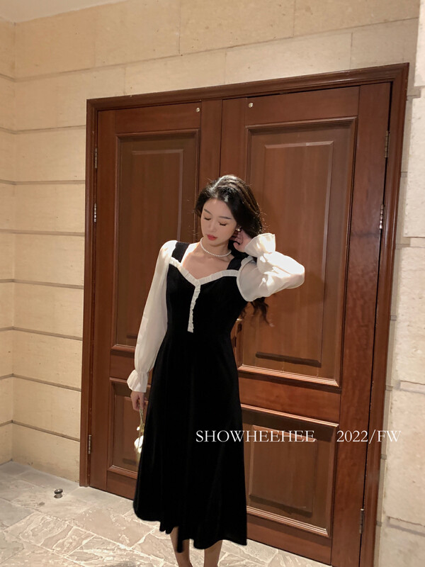 【Xiu Xixi】French retro square-neck atmosphere chic micro-sleeve dress 8191# JHY