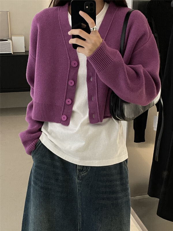Wool material, thick and soft [CLEAN SPACE] V-neck solid color loose all-match knitted cardigan 33700# CQW