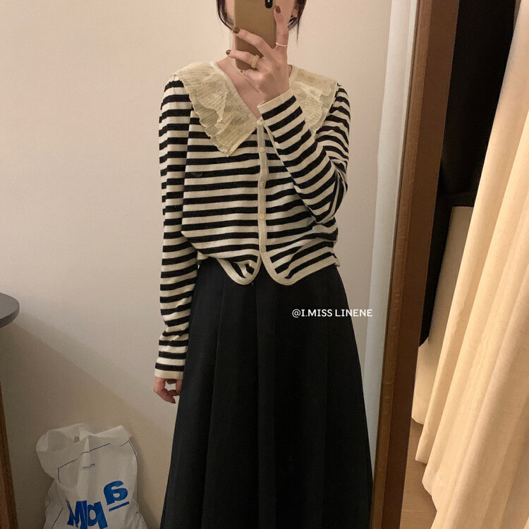 【IMISS】French stitching lace knitted cardigan top knitted sweater QK0305
