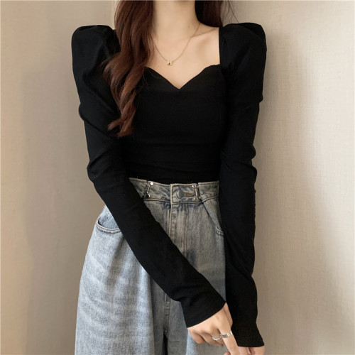 French puff sleeve long-sleeved T-shirt women's spring and autumn new style slimming retro temperament slim top