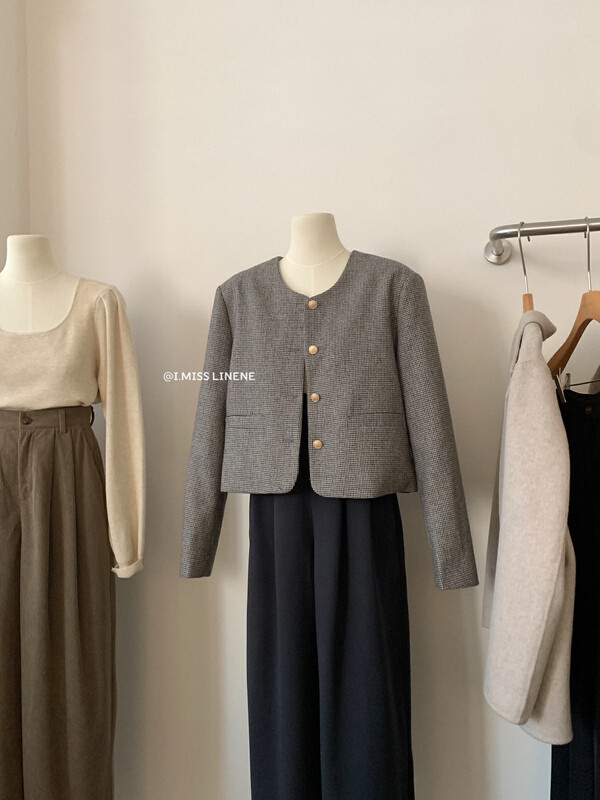 [IMISS] Retro niche houndstooth round neck coat short coat QK10182
