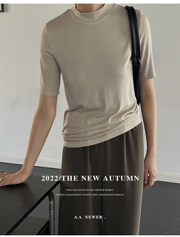 [THE MIND] New semi-high collar solid color back stitching casual all-match short-sleeved T-shirt in early autumn 61082