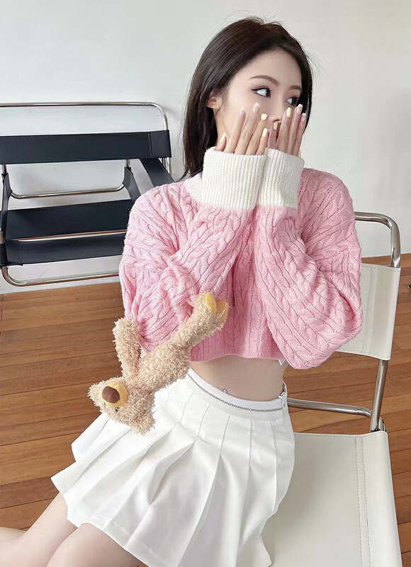 【NANCY】Contrast Color Letter Flocking Short Knit Sweater (With Detachable Bear)(Without Necklace) M3581# WPL