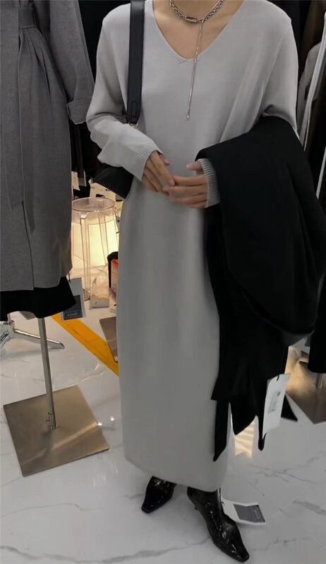 New in winter! [Semi-plain] V-neck casual knitted long dress L1100# ZJY