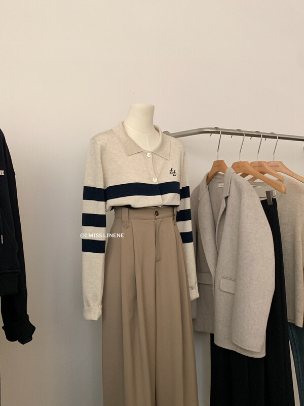[IMISS] Korean version of polo collar striped embroidered knitted sweater QK0300